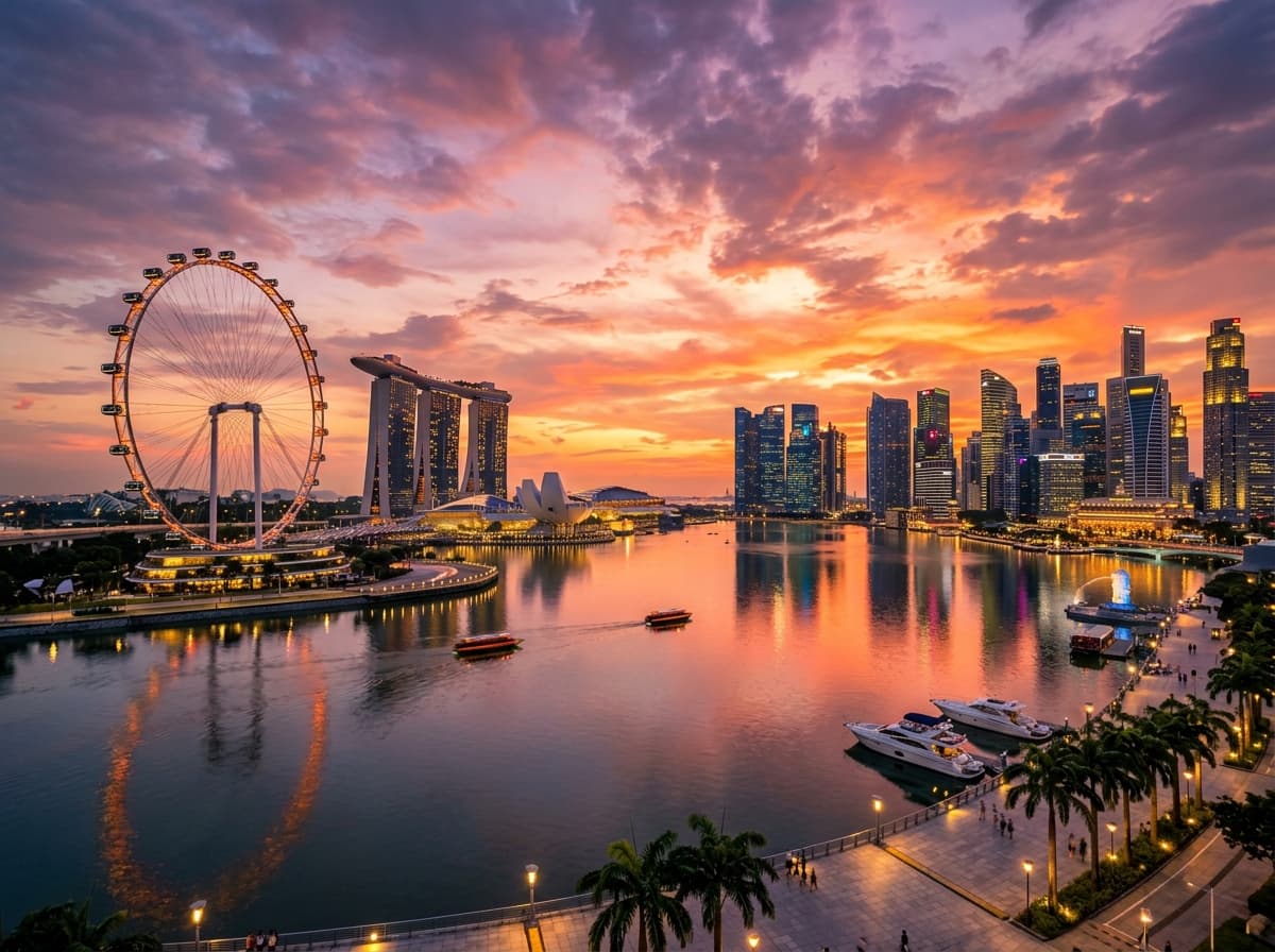 Singapore Flyer và cảnh vịnh Marina Bay lúc hoàng hôn
